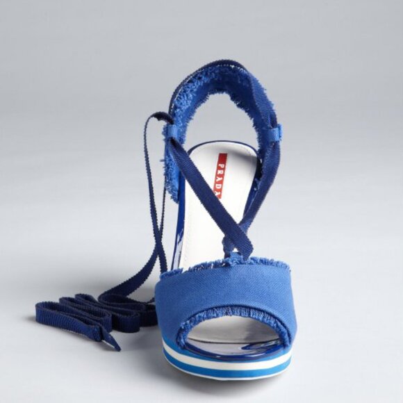 PRADA SPORT SHOES STRIPED WEDGE BLUE CANVAS ANKLE WRAP SANDALS sz 40 / 10 - Picture 2 of 13